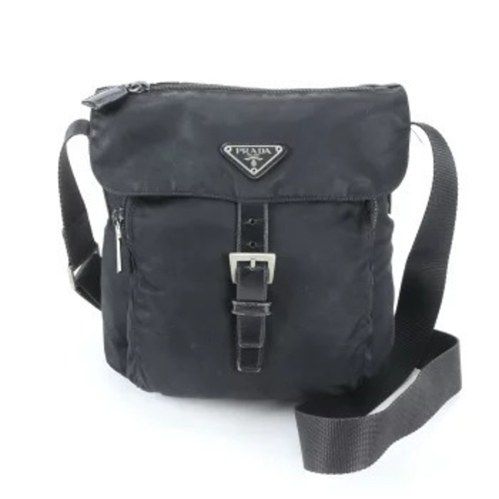 Prada Tessuto Triangle Leather Messenger Crossbody Bag Black